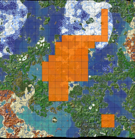 A top-down map of a Minecraft World with a large swathe highlighted in orange